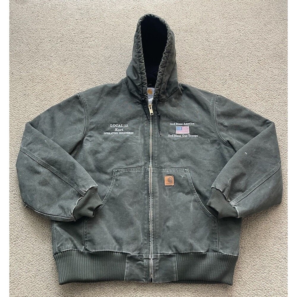 Carhartt J130 MOS Hooded Jacket Large Moss Green Embroidered Distressed